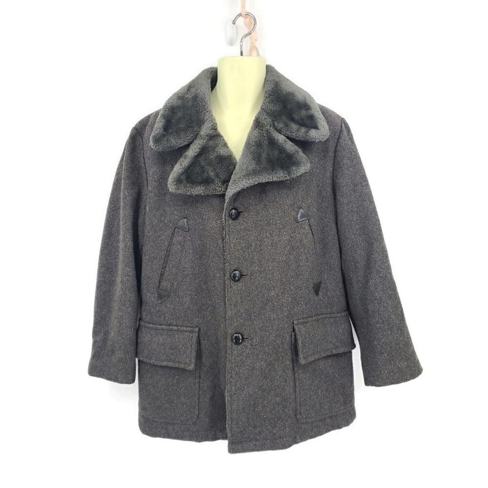 VTG 60s 70s Grey Wool Coat Mens 46? Faux Fur Lining Jacket